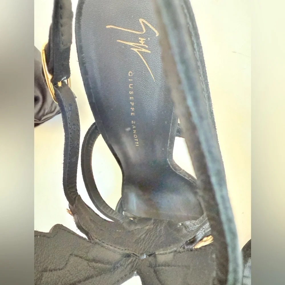 Giuseppe Zannoti Black Suede Leather Gold Wings Cruel 2.0 High Heel Sandals EU41